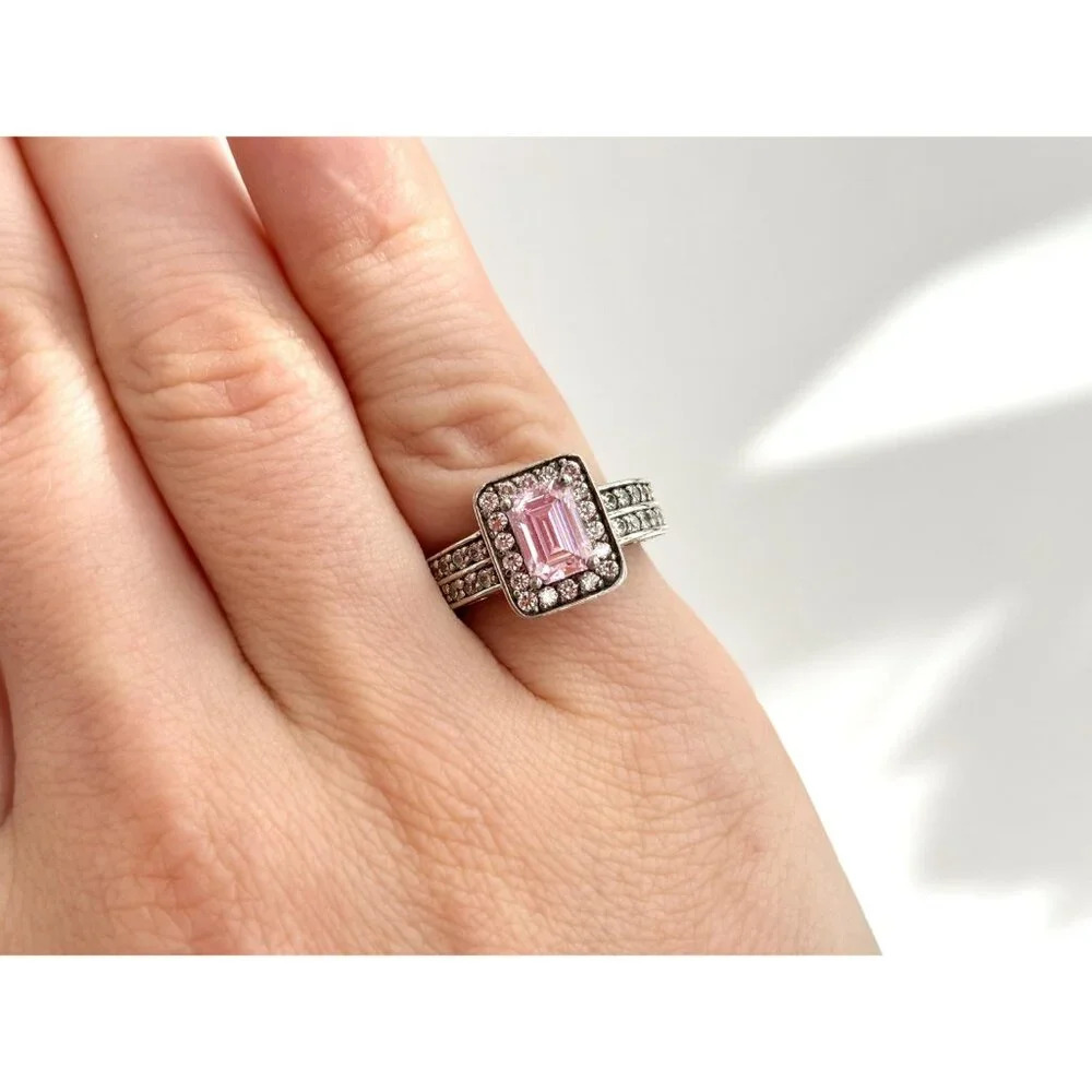 Pink Spinel Emerald Cut CZ Lined Double Shank Vintage Sterling Silver Ring  sz 5 - Picture 3 of 10